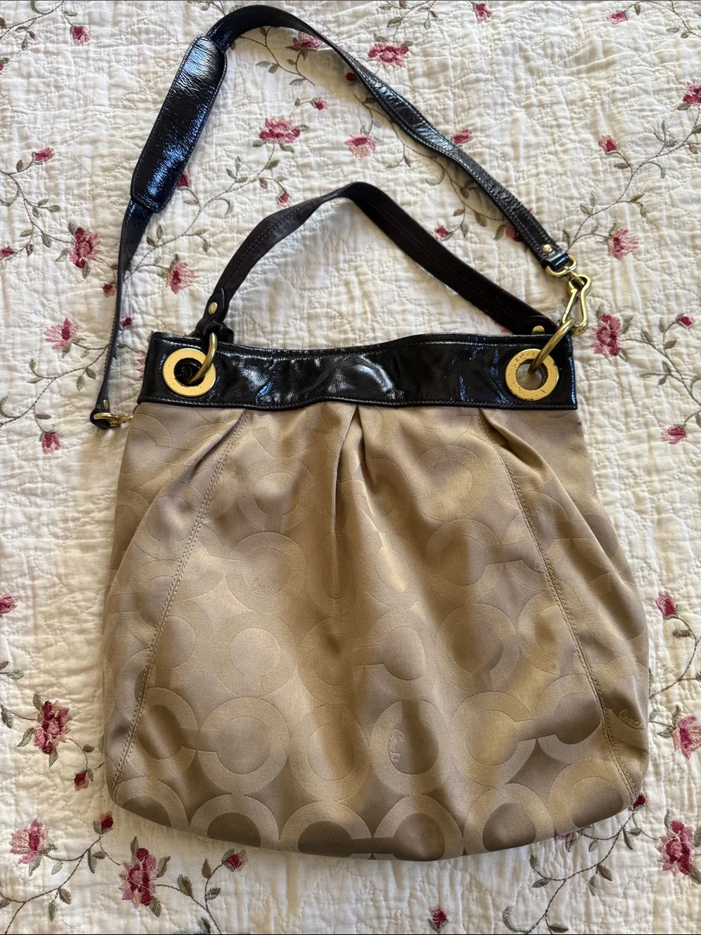 Coach Beige Signature Canvas Shoulder Bag with Black Patent Trim